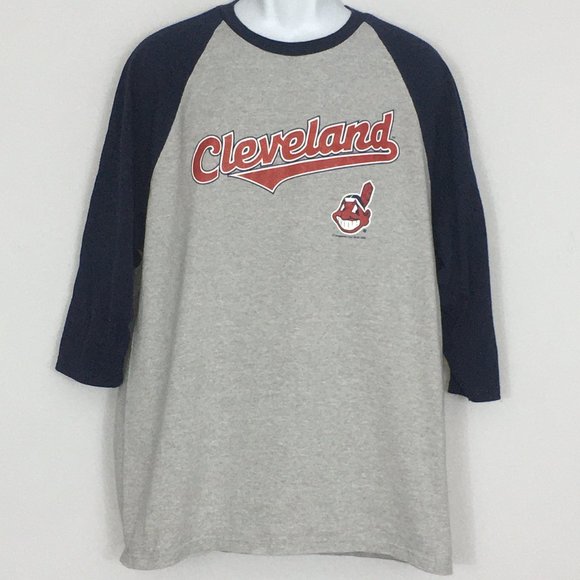 MLB Other - MLB Cleveland Indians Mens XL Gray Blue Graphic 3/4 Sleeve Cotton Blend Ringer